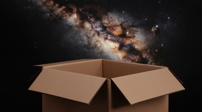 Empty cardboard box viewed from above against dark night sky filled with stars and galaxy. Cosmic scene opens up beyond container edges inviting imagination and endless possibilities for discovery.