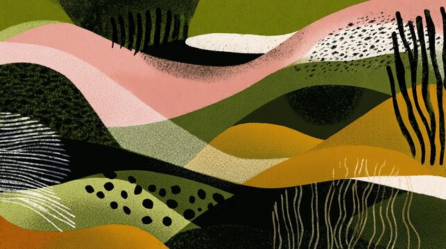 Vibrant seamless abstract non-objective pattern with mixed textures and shapes, forest green, olive green, pale pink and warm yellow wide brushstrokes, dotted clusters