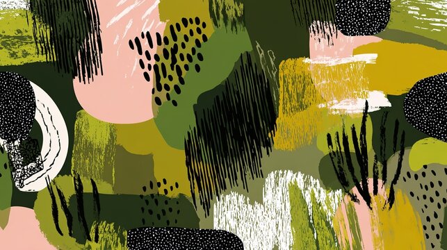 Vibrant seamless abstract non-objective pattern with mixed textures and shapes, forest green, olive green, pale pink and warm yellow wide brushstrokes, dotted clusters
