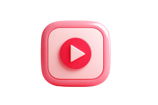 A vibrant, 3D-rendered play button icon, featuring a white triangle within a red circle, set against a pink square background