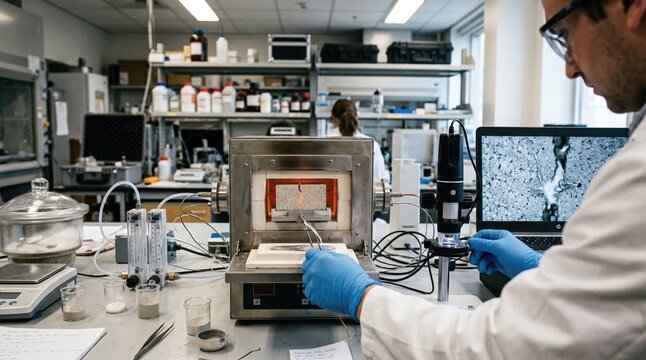 Medium shot of laboratory equipment testing selfrepairing properties of refractory materials highlighting experimental analysis and results.