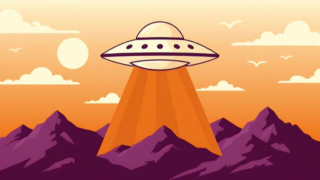 Ufo flying saucer emitting a bright light beam over mountain landscape at sunset vector animation