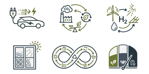 Fototapeta premium Sustainable future vector icons electric vehicles, circular economy, green hydrogen, renewable energy, and eco-agriculture, for environmental progress and innovation