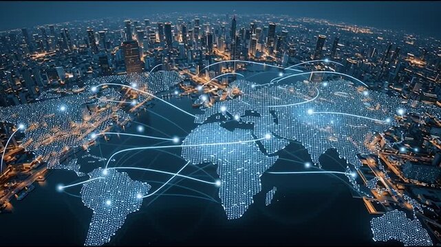 The network connects communities, society, abstract cybersecurity, and innovation, using interconnected nodes to represent business collaboration in smart digital innovation cities.