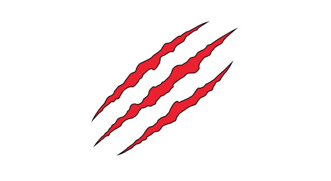 Three parallel red claw marks or scratches with jagged edges suggesting an attack by a wild animal or monster isolated on a white background.