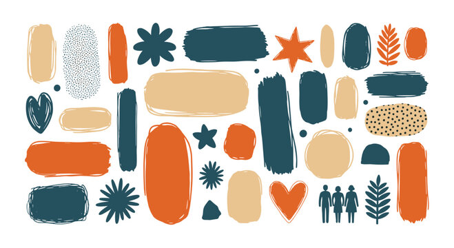 Assorted abstract paint strokes and organic shapes in earthy tones including hearts, leaves, and human figures isolated on a white background.
