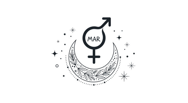 Symbolic combination of male and female icons with the word MAR inside a moon and star decoration representing celestial and gender themes.