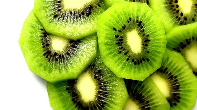Fresh kiwi fruit slices rotating smoothly in a seamless loop, revealing vibrant green flesh, tiny black seeds, and juicy texture. Macro close-up view highlights the natural freshness, tro