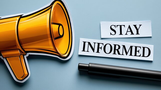Stay informed sign with yellow megaphone isolated on white background