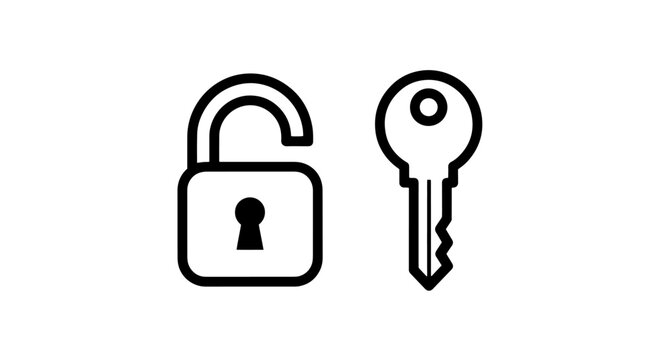 Open padlock and key line art icon set with security