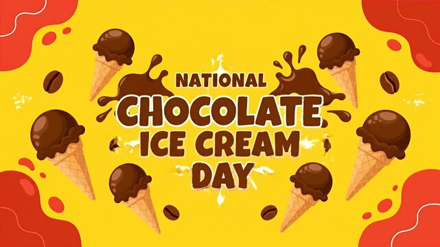 National chocolate ice cream day celebration with delicious sweet dessert cones and cocoa splash