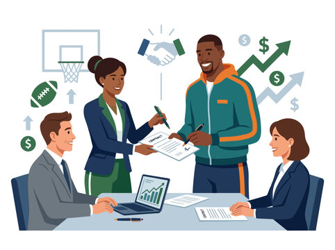 Professional sports agent negotiating contract with athlete and business team. EPS Editable. Vector Illustrations.
