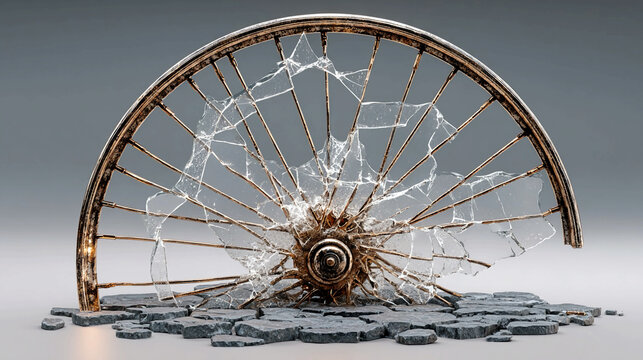 Broken wheel isolated on clean background representing failure and disruption concept damaged object symbolizing loss inability to move obstacle and stalled momentum