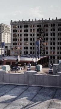 The scene shows a rooftop with structures and rooftop equipment. Buildings are in the background with windows. The day appears bright. There are large rooftop units and storage items.