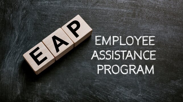Concept of Employee Assistance Program EAP spelled out on wood blocks and chalkboard