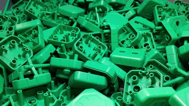): Industrial video of green plastic components moving on factory conveyor belt. Abstract background of manufactured polymer molding details and engineering items.