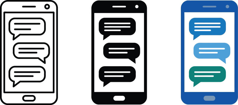 Set of mobile phone chat icons featuring outline solid and color styles perfect for messaging apps and digital communication