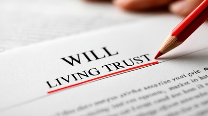 Obraz premium A red pencil underlining Living Trust on a legal document isolated on white background