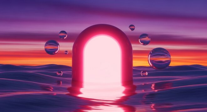 A vibrant candy-pink portal glows amidst shimmering silver dunes and floating mirrored spheres under a surreal twilight sky in a desert, floating, light, luminescence