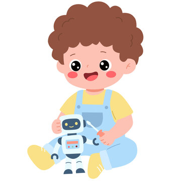 Adorable cartoon boy joyfully engaged in creative play, assembling or fixing a small robot toy with a screwdriver, illustrating childhood curiosity and STEM learning