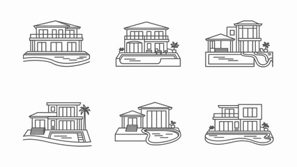 Fototapeta premium Modern Luxury Houses with Pools - Line Art Icons