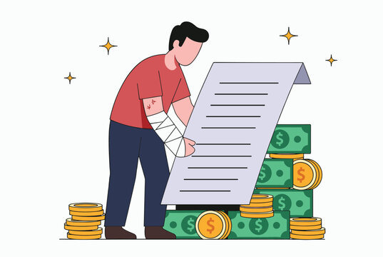 Injured man with a bandaged arm looks worriedly at a very long bill while standing next to stacks of money and gold coins.