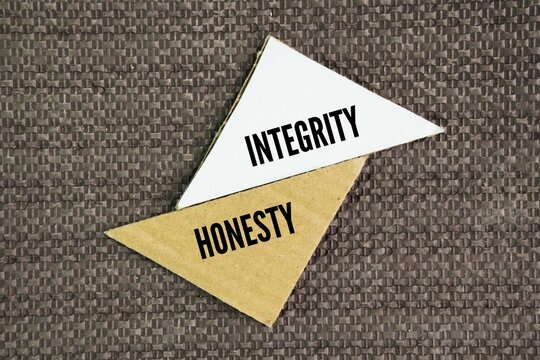 Boxed paper with the words Integrity and Honesty. Honesty means telling the truth and not deceiving others, whereas integrity is a broader character trait