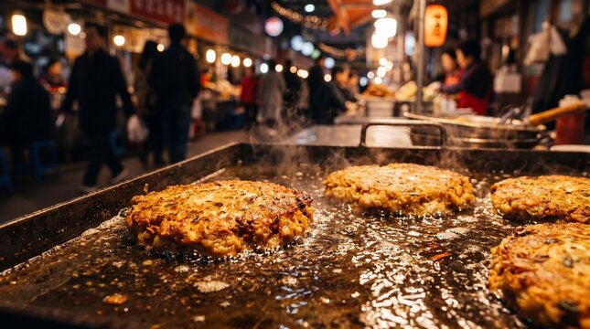 Savory Korean mung bean pancakes bindaetteok frying at a busy night market.