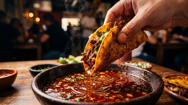 Hand dipping a juicy birria taco into a bowl of hot steaming consomme broth.