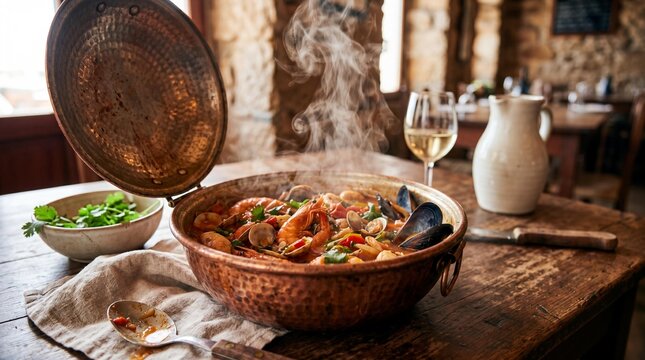 Traditional Portuguese cataplana seafood stew in a steaming copper pot.