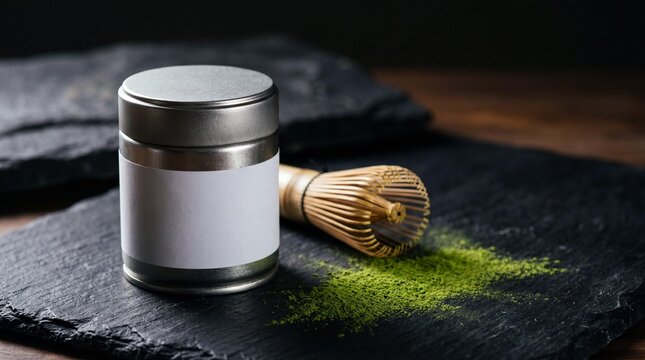 Matcha green tea powder with bamboo whisk and blank tin mockup on slate