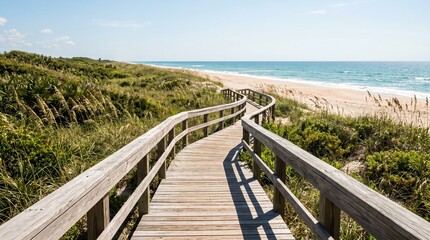 Obraz premium Wooden boardwalk leading to the empty beach through sand dunes in summer