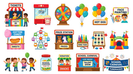 Naklejka premium Children enjoy various amusement park rides and snacks at a school carnival event.