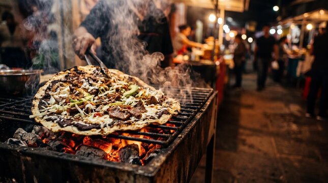 Grilled Oaxacan tlayuda cooking over hot coals at a Mexican street food stall.