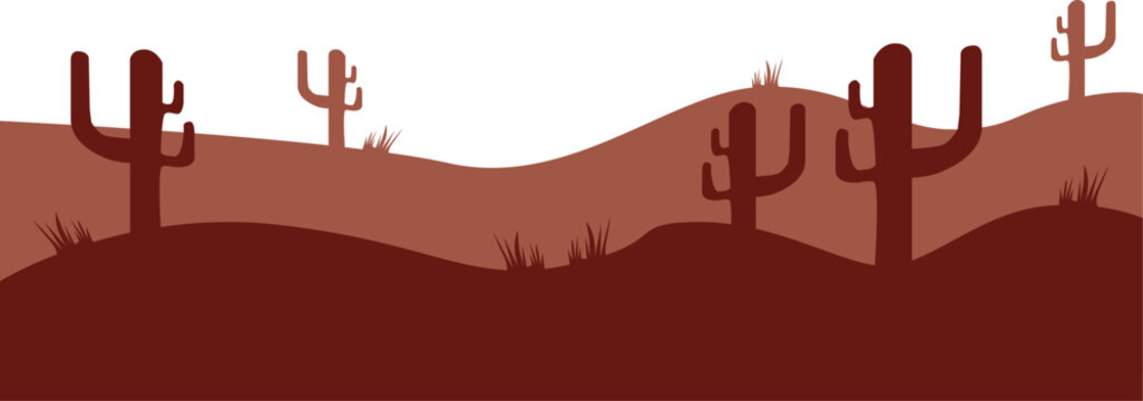 Minimalist desert landscape vector featuring saguaro cactus silhouettes and rolling hills in warm terracotta and reddish-brown tones.