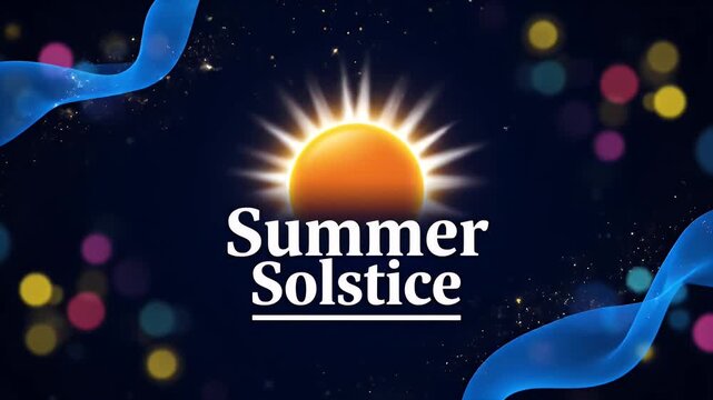 Summer solstice sun icon with glowing light rays and abstract bokeh background for seasonal events