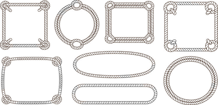 Collection of various nautical rope frames and borders with knots isolated on a white background vector illustration
