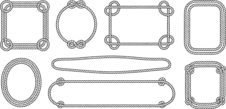 Collection of various nautical rope frames and borders with knots isolated on a white background vector illustration.