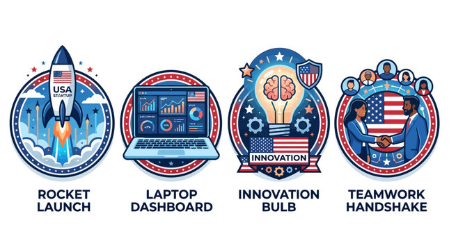 Several emblems display teamwork and innovation with a rocket launch laptop and handshake.