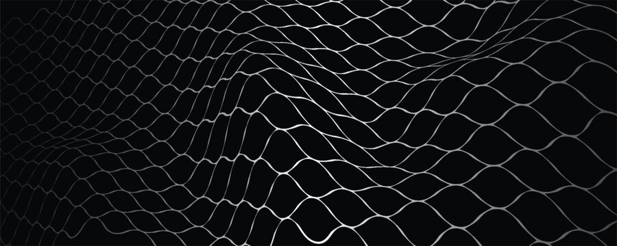 Abstract dark background with silver metallic wavy mesh net, 3d deformed steel wire grid network pattern vector illustration.
