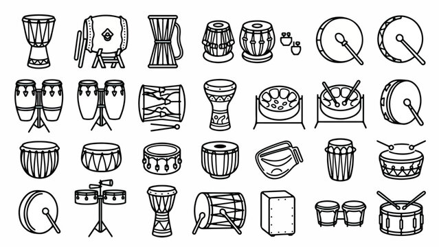 World Drum Percussion Instrument Line Icon Set Outline Vector Illustration Bundle