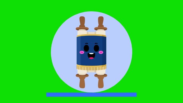 Animated character of a cute blue holy torah scroll scrollbook smiling inside a blue circle frame with a green background.