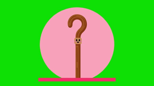 Animated flat character of a cute wooden shepherd staff tool smiling inside a pink circle frame with a green background.