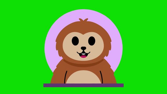 Flat 2D animation of a cute brown sloth head smiling inside a purple circle frame with a green screen background.