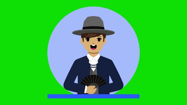 Animated character of a man wearing a grey fedora hat and blue suit holding a black folding fan on a blue background.