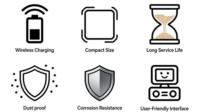 Black and white linear durable digital icon, wireless charging compact and long-lasting, dust-proof and corrosion-resistant interface friendly concept, suitable for promoting consumer electronic 