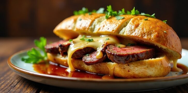 Grilled beef roast served on a crusty baguette with melted cheese and au jus sauce dripping down sides, roast, beef, bread