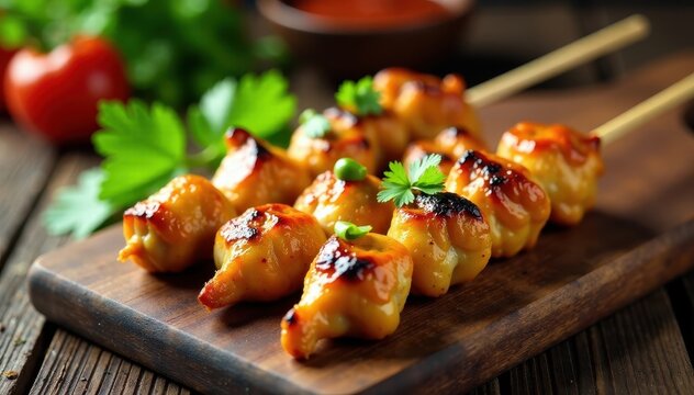 Grilled chicken satay skewers on wooden board, texture, garnish, wood
