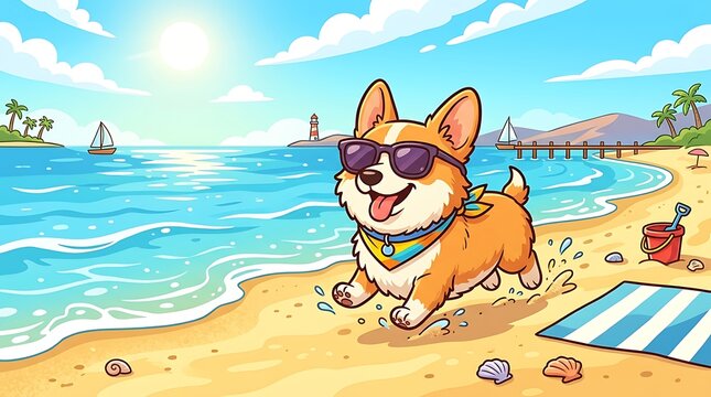 Happy Cartoon Corgi Wearing Sunglasses Running on a Sunny Beach