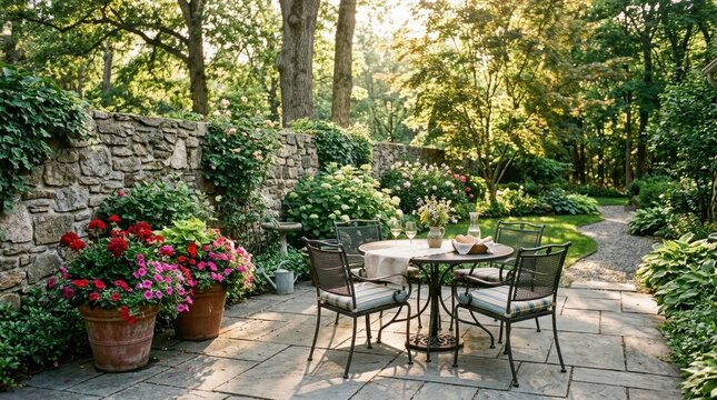 Beautiful outdoor patio area table four Landscaped with retaining wall and pavers